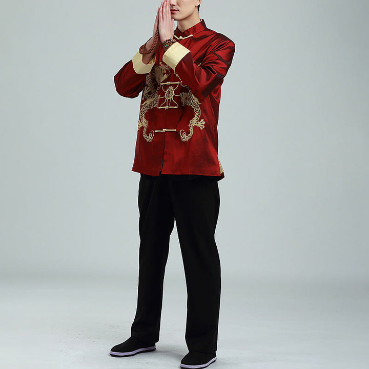Veste chemise et pantalon décontractés en fibre de polyester pour hommes avec broderie de Buddha Stones et dragon à manches tournées