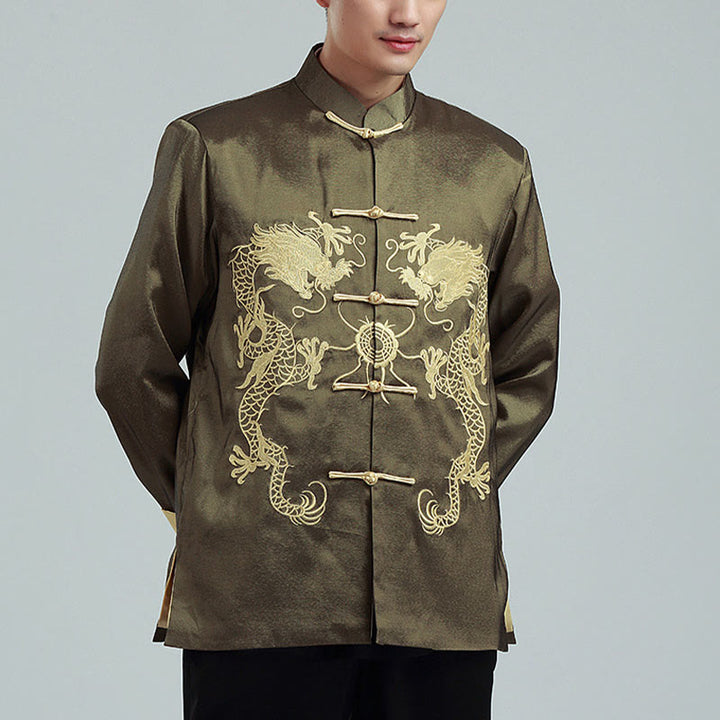 Veste chemise et pantalon décontractés en fibre de polyester pour hommes avec broderie de Buddha Stones et dragon à manches tournées