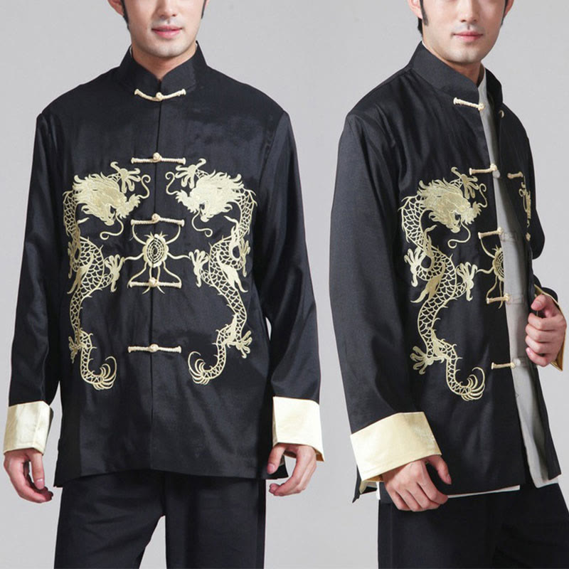 Veste chemise et pantalon décontractés en fibre de polyester pour hommes avec broderie de Buddha Stones et dragon à manches tournées