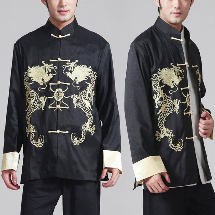 Veste chemise et pantalon décontractés en fibre de polyester pour hommes avec broderie de Buddha Stones et dragon à manches tournées