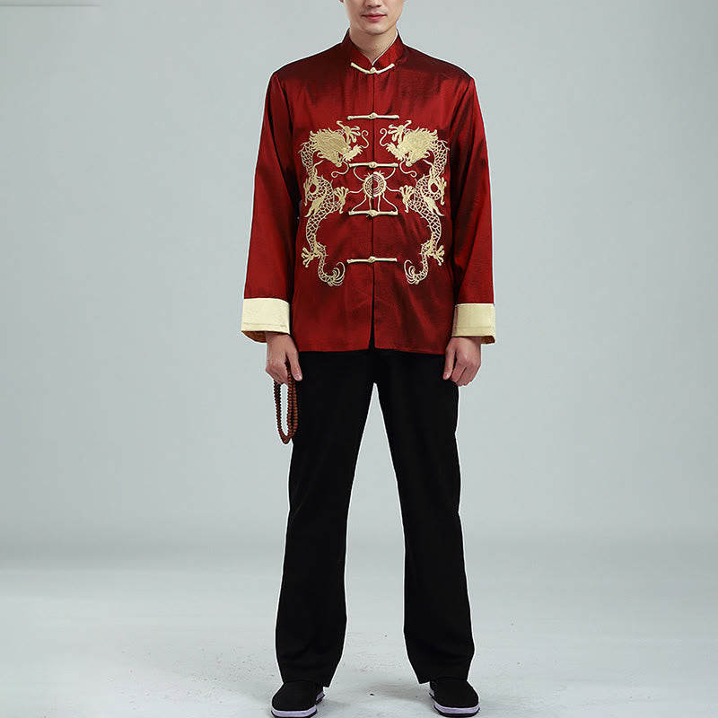 Veste chemise et pantalon décontractés en fibre de polyester pour hommes avec broderie de Buddha Stones et dragon à manches tournées