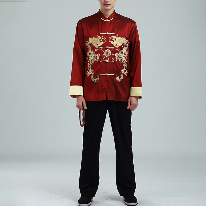 Veste chemise et pantalon décontractés en fibre de polyester pour hommes avec broderie de Buddha Stones et dragon à manches tournées