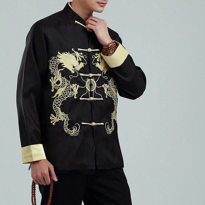 Veste chemise et pantalon décontractés en fibre de polyester pour hommes avec broderie de Buddha Stones et dragon à manches tournées