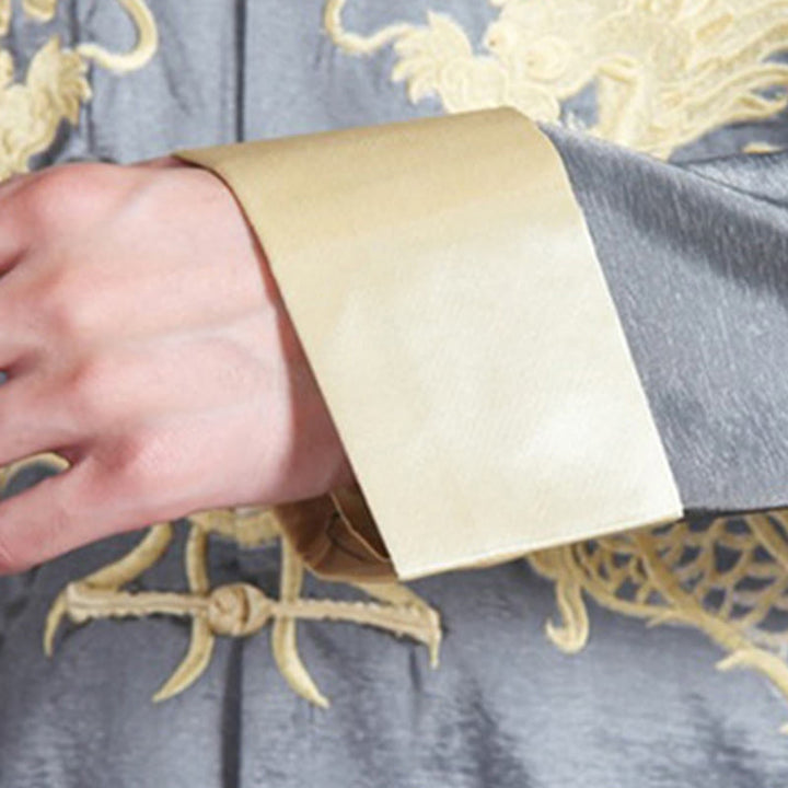 Veste chemise et pantalon décontractés en fibre de polyester pour hommes avec broderie de Buddha Stones et dragon à manches tournées
