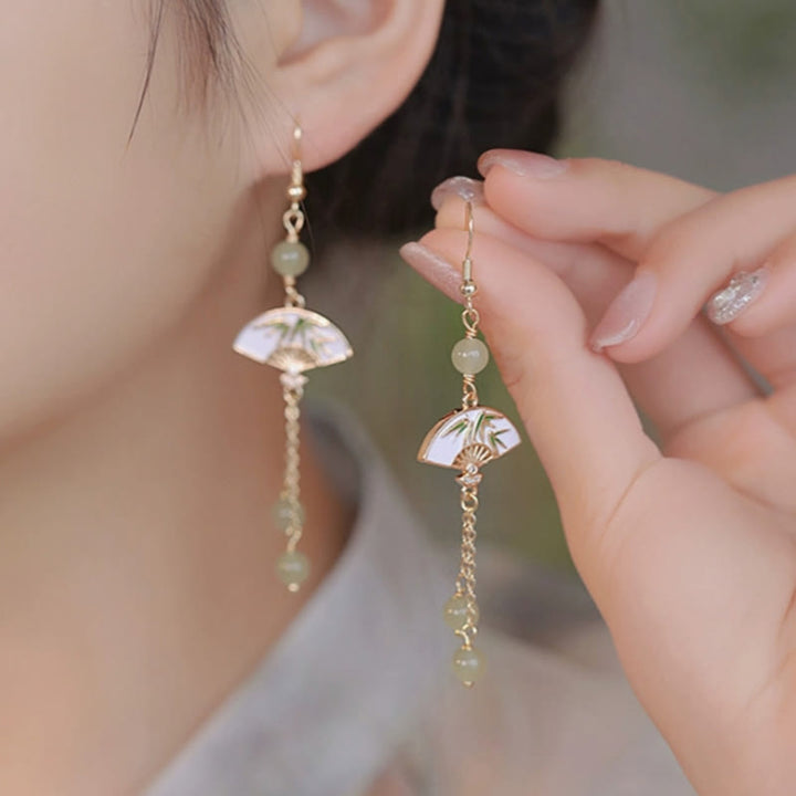 Boucles d'oreilles Buddha Stones en or 14 carats, cuivre, jade, bambou, abondance
