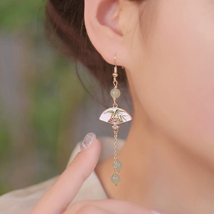 Boucles d'oreilles Buddha Stones en or 14 carats, cuivre, jade, bambou, abondance