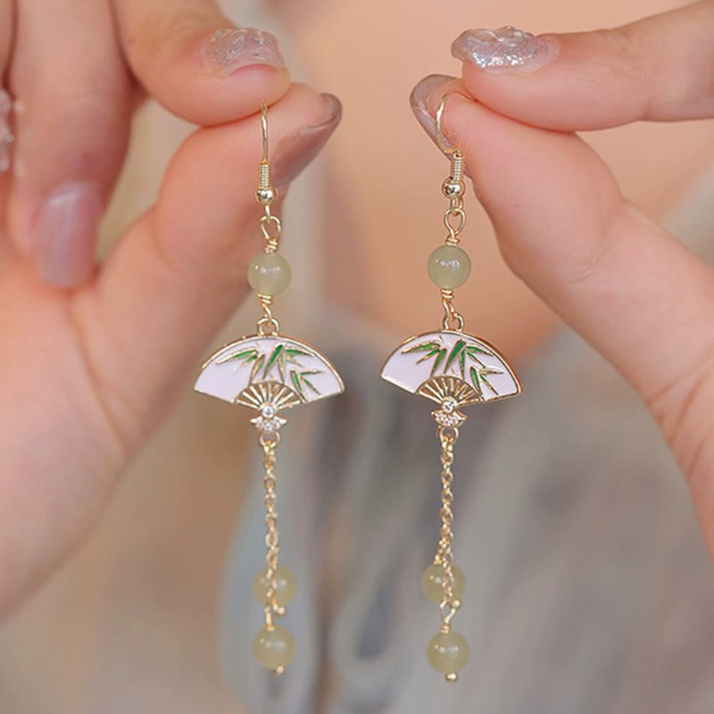 Boucles d'oreilles Buddha Stones en or 14 carats, cuivre, jade, bambou, abondance