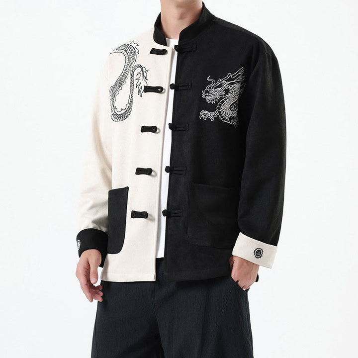 Veste en coton décontractée à boutons de grenouille pour homme avec broderie de dragon et Buddha Stones
