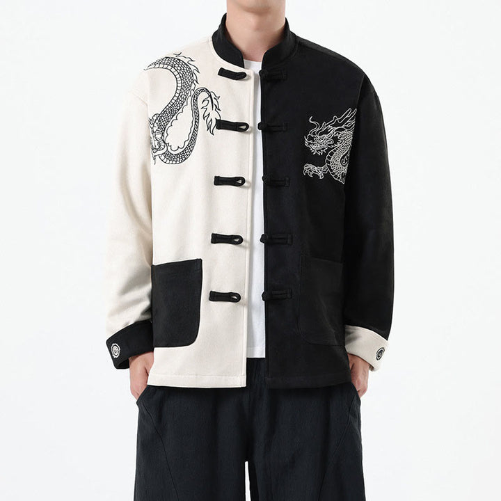 Veste en coton décontractée à boutons de grenouille pour homme avec broderie de dragon et Buddha Stones