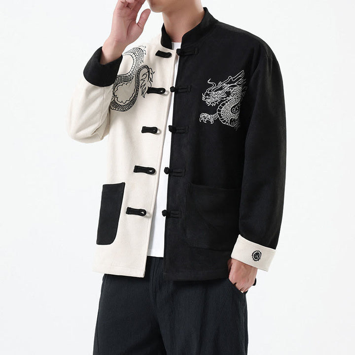 Veste en coton décontractée à boutons de grenouille pour homme avec broderie de dragon et Buddha Stones