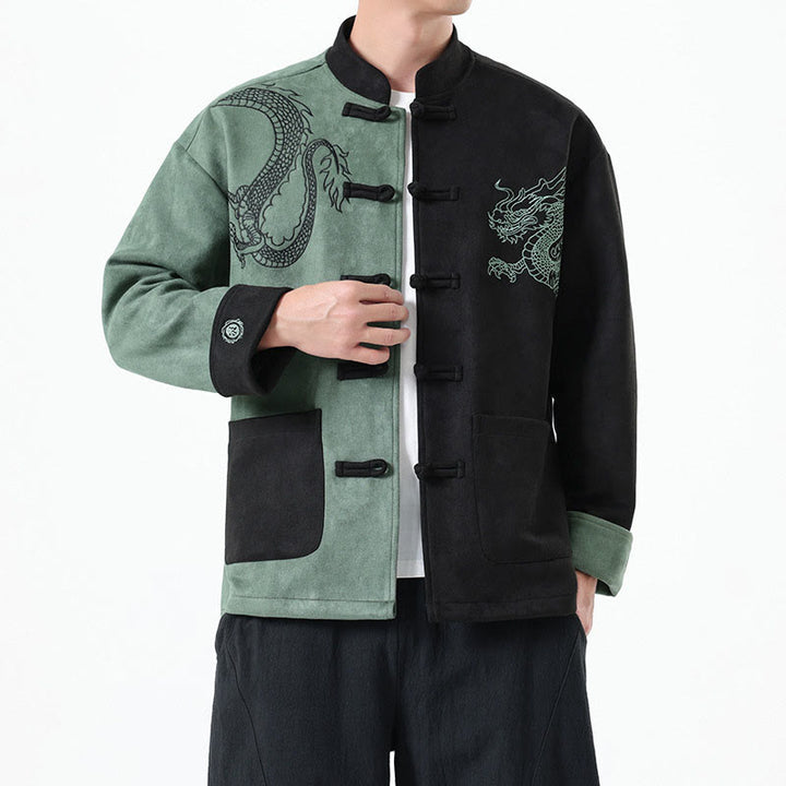 Veste en coton décontractée à boutons de grenouille pour homme avec broderie de dragon et Buddha Stones