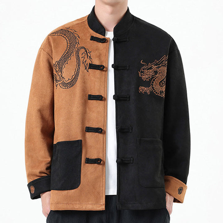 Veste en coton décontractée à boutons de grenouille pour homme avec broderie de dragon et Buddha Stones - SandyBrown - US/UK/AU46，EU56 (5XL) - image 26