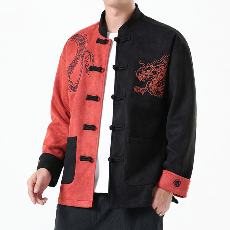 Veste en coton décontractée à boutons de grenouille pour homme avec broderie de dragon et Buddha Stones