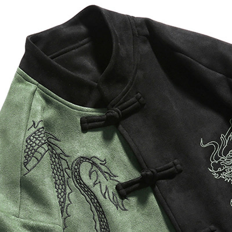 Veste en coton décontractée à boutons de grenouille pour homme avec broderie de dragon et Buddha Stones