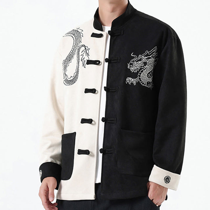 Veste en coton décontractée à boutons de grenouille pour homme avec broderie de dragon et Buddha Stones