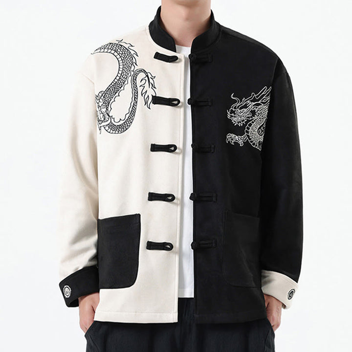 Veste en coton décontractée à boutons de grenouille pour homme avec broderie de dragon et Buddha Stones