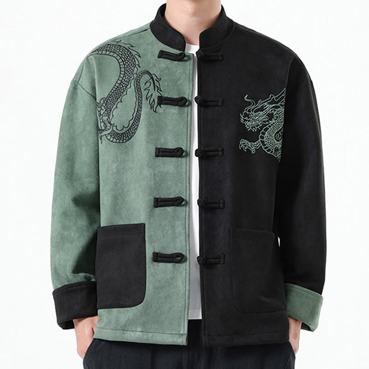 Veste en coton décontractée à boutons de grenouille pour homme avec broderie de dragon et Buddha Stones