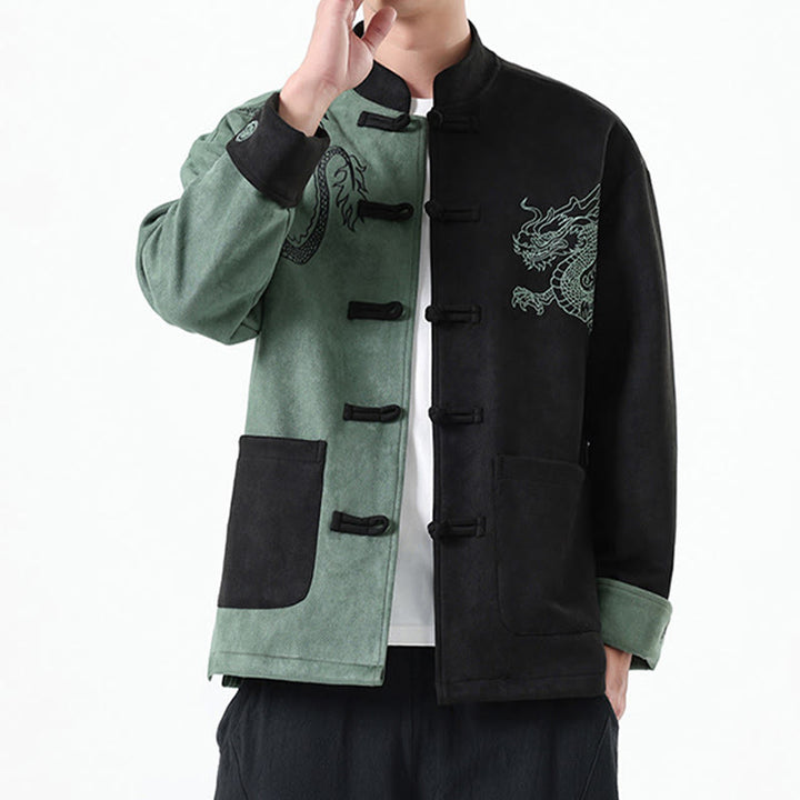 Veste en coton décontractée à boutons de grenouille pour homme avec broderie de dragon et Buddha Stones