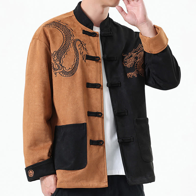 Veste en coton décontractée à boutons de grenouille pour homme avec broderie de dragon et Buddha Stones