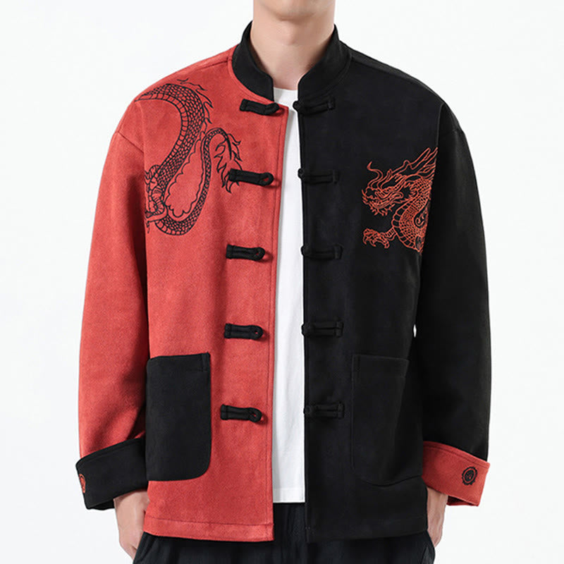 Veste en coton décontractée à boutons de grenouille pour homme avec broderie de dragon et Buddha Stones - Corail clair - US/UK/AU46，EU56 (5XL) - image 34