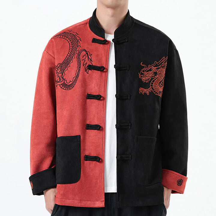 Veste en coton décontractée à boutons de grenouille pour homme avec broderie de dragon et Buddha Stones - Corail clair - US/UK/AU46，EU56 (5XL) - image 34