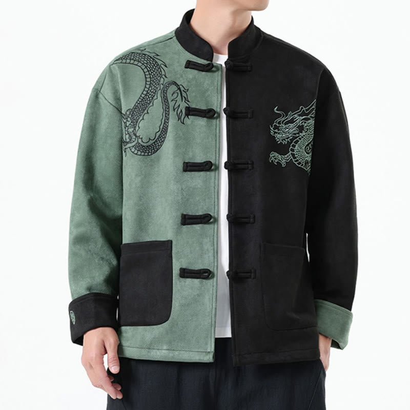 Veste en coton décontractée à boutons de grenouille pour homme avec broderie de dragon et Buddha Stones
