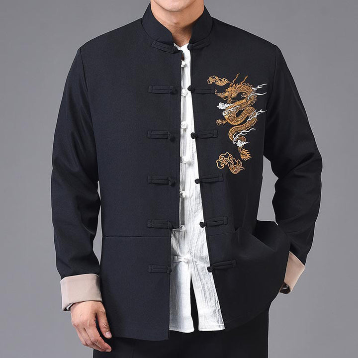 Veste en polyester pour homme avec broderie de dragon et Buddha Stones , bouton de grenouille, vêtements avec poches