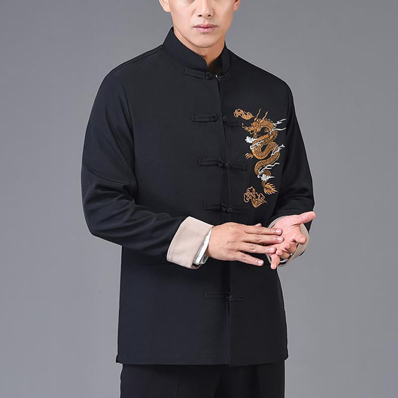Veste en polyester pour homme avec broderie de dragon et Buddha Stones , bouton de grenouille, vêtements avec poches