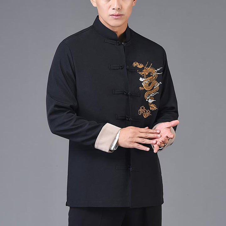 Veste en polyester pour homme avec broderie de dragon et Buddha Stones , bouton de grenouille, vêtements avec poches