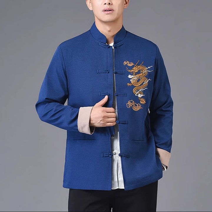 Veste en polyester pour homme avec broderie de dragon et Buddha Stones , bouton de grenouille, vêtements avec poches