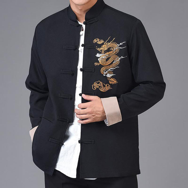 Veste en polyester pour homme avec broderie de dragon et Buddha Stones , bouton de grenouille, vêtements avec poches
