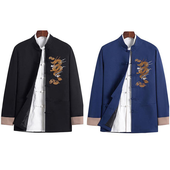Veste en polyester pour homme avec broderie de dragon et Buddha Stones , bouton de grenouille, vêtements avec poches