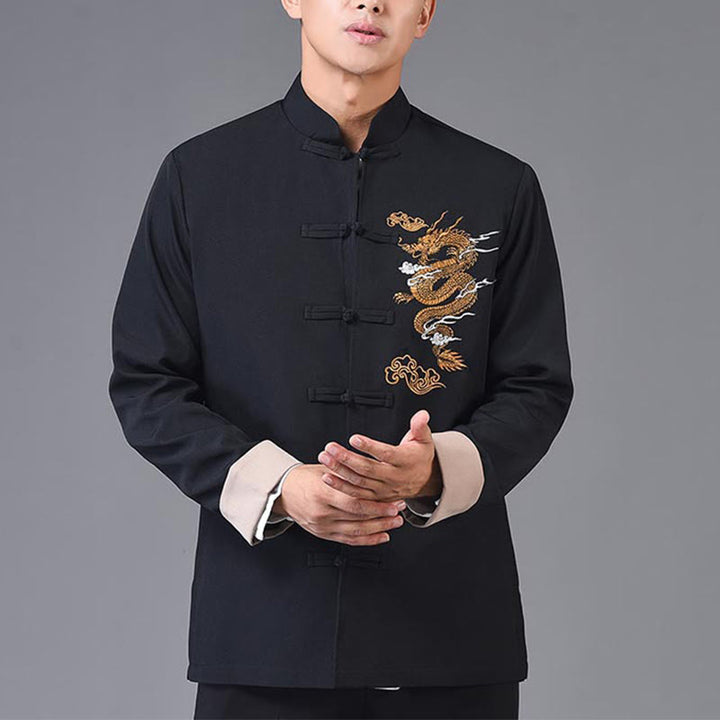 Veste en polyester pour homme avec broderie de dragon et Buddha Stones , bouton de grenouille, vêtements avec poches