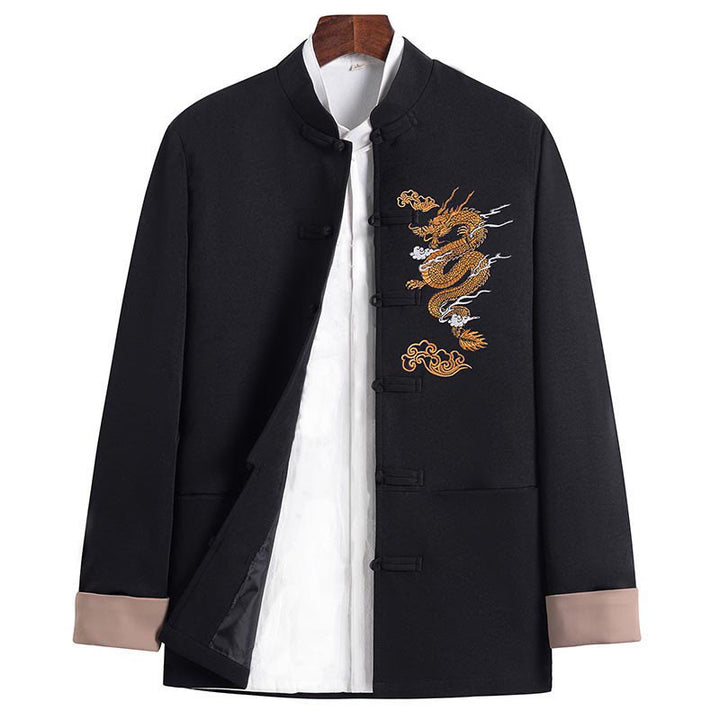 Veste en polyester pour homme avec broderie de dragon et Buddha Stones , bouton de grenouille, vêtements avec poches