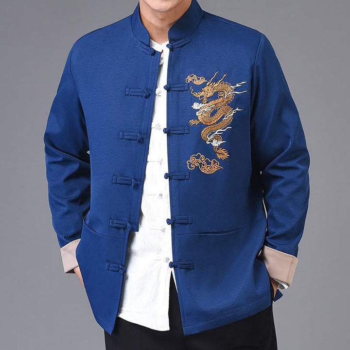 Veste en polyester pour homme avec broderie de dragon et Buddha Stones , bouton de grenouille, vêtements avec poches