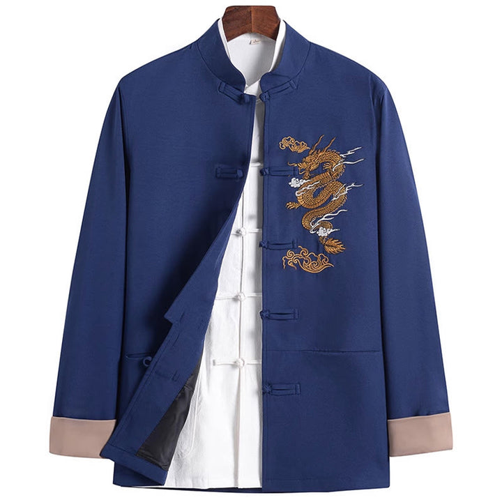 Veste en polyester pour homme avec broderie de dragon et Buddha Stones , bouton de grenouille, vêtements avec poches