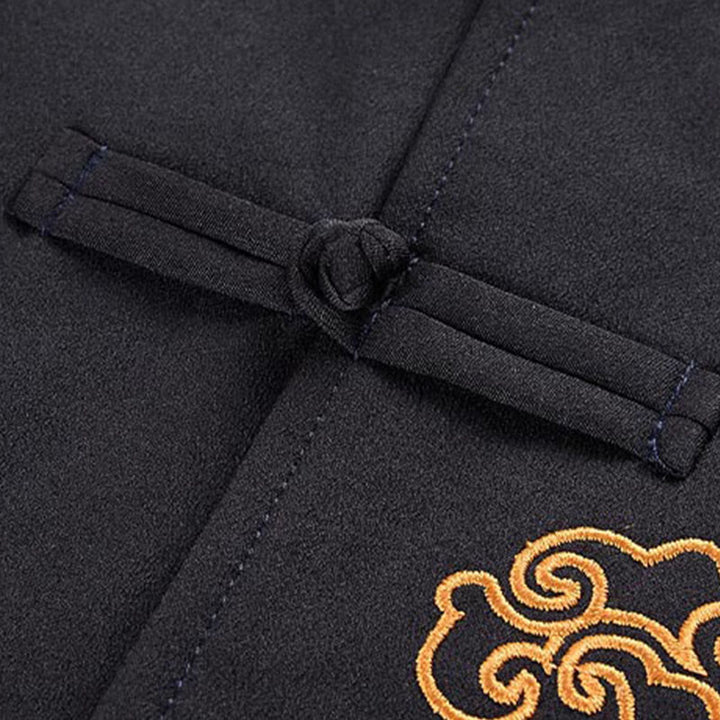 Veste en polyester pour homme avec broderie de dragon et Buddha Stones , bouton de grenouille, vêtements avec poches