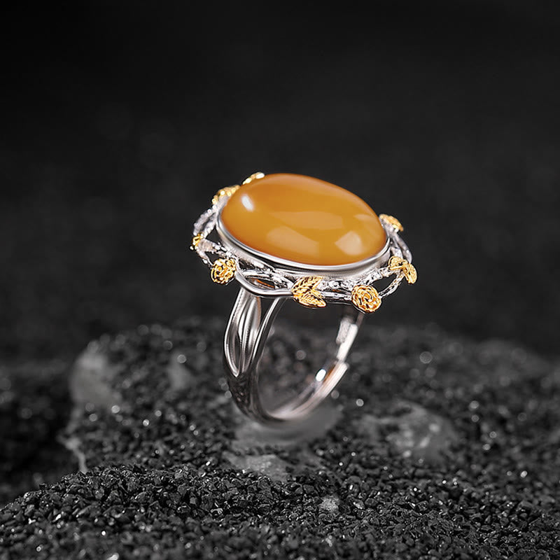 Bague réglable en argent sterling 990 plaqué or et ambre de Buddha Stones - image 1