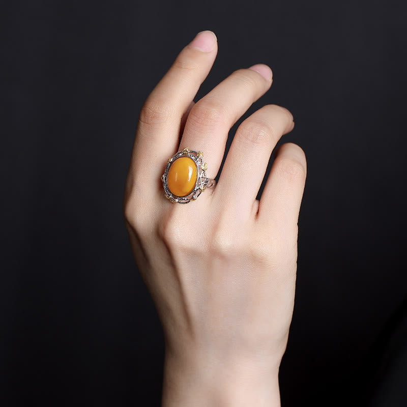 Bague réglable en argent sterling 990 plaqué or et ambre de Buddha Stones - image 3
