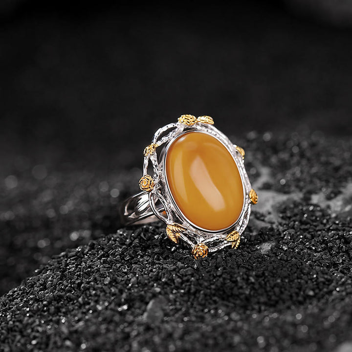 Bague réglable en argent sterling 990 plaqué or et ambre de Buddha Stones - Ambre (Circonférence : 54-60 mm) - image 0