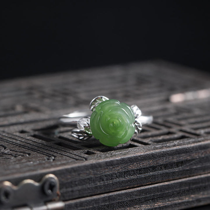 Bague ajustable en argent sterling 925 Buddha Stones et jade vert rose - image 2