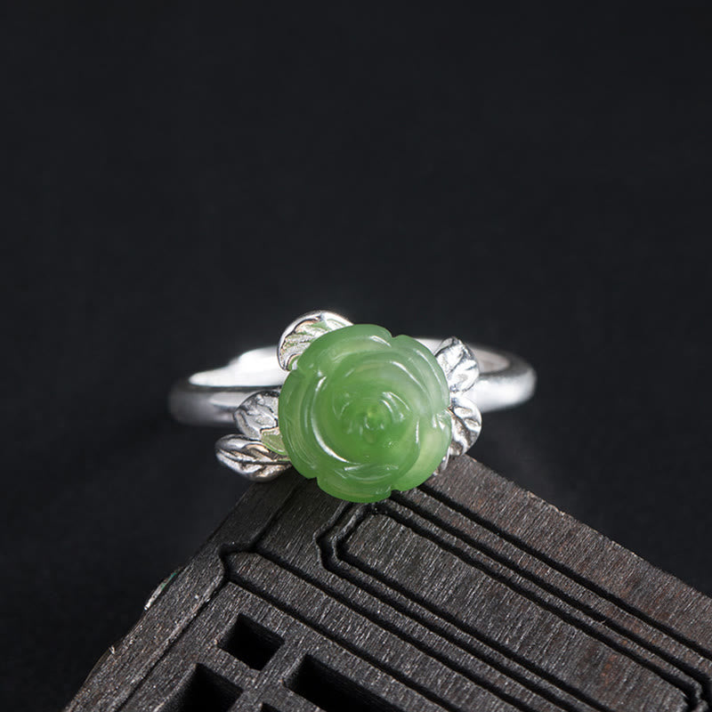 Bague ajustable en argent sterling 925 Buddha Stones et jade vert rose - Rose de jade (Circonférence : 56-59 mm) - image 0