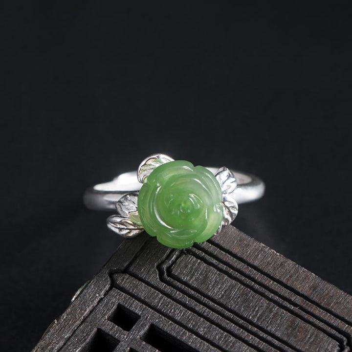 Bague ajustable en argent sterling 925 Buddha Stones et jade vert rose - Rose de Jade (Circonférence : 56-59 mm) - image 0