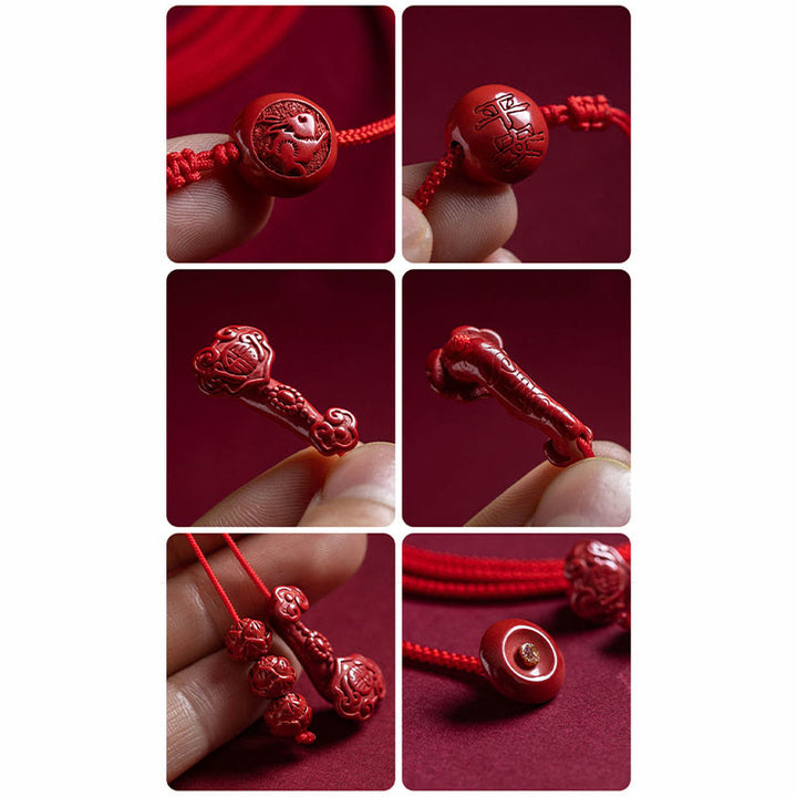 Buddha Stones Cinabre Naturel Zodiaque Chinois Ruyi Poignée Caractère Fu Bénédiction du Lotus Chaîne de ventre en Cordon Rouge