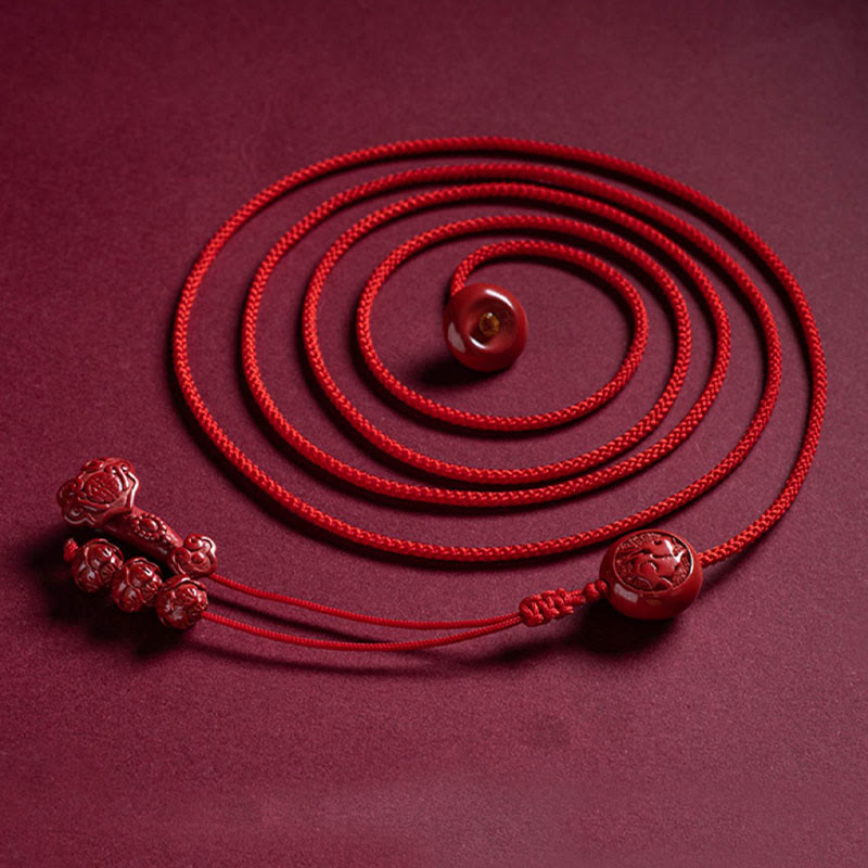 Buddha Stones Cinabre Naturel Zodiaque Chinois Ruyi Poignée Caractère Fu Bénédiction du Lotus Chaîne de ventre en Cordon Rouge