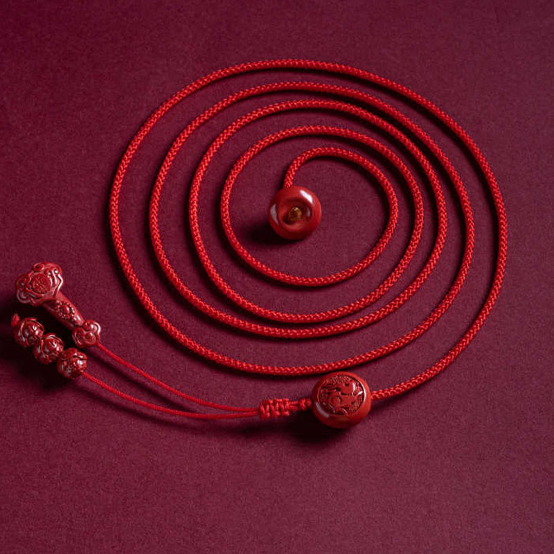 Buddha Stones Cinabre Naturel Zodiaque Chinois Ruyi Poignée Caractère Fu Bénédiction du Lotus Chaîne de ventre en Cordon Rouge