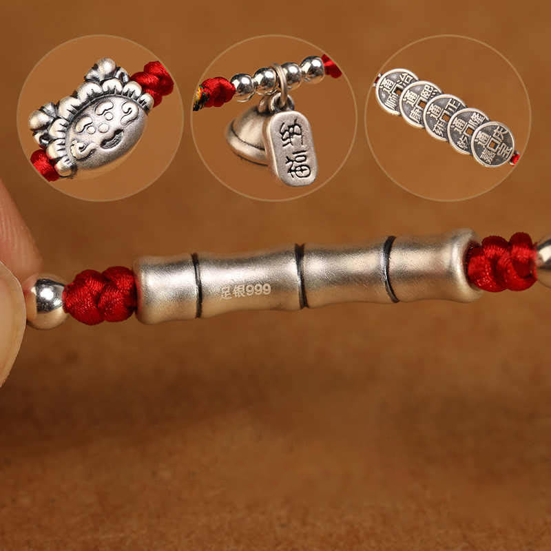 Chaîne de ventre en argent sterling 999 Buddha Stones et bénédiction rouge