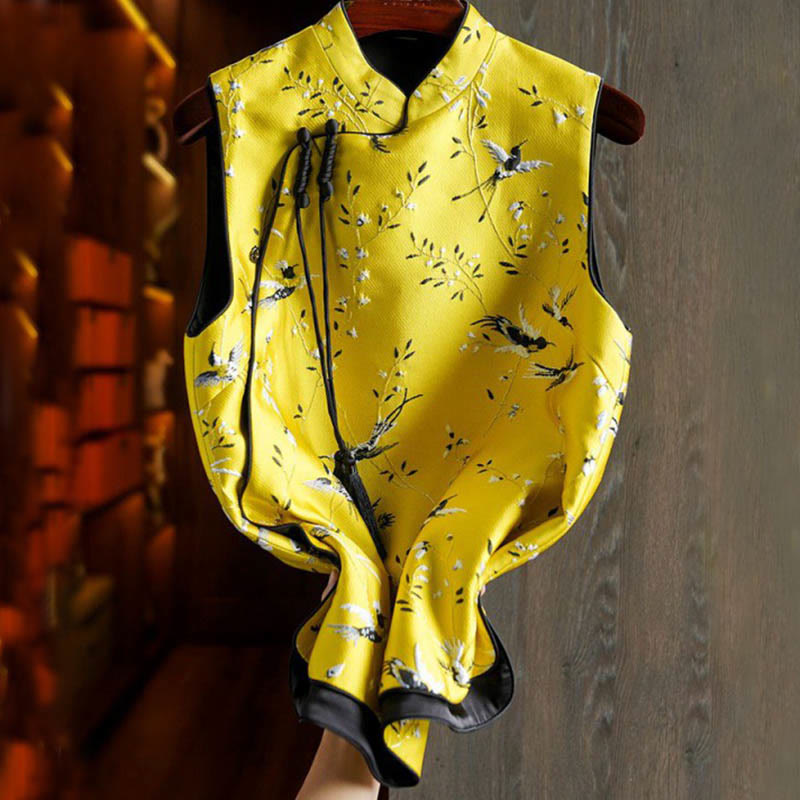 Gilet à boutons avec nœud et motif grue et plantes brodées vintage avec Buddha Stones - image 1