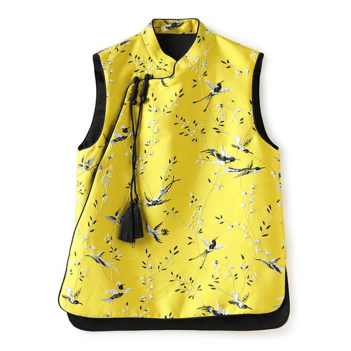 Gilet à boutons avec nœud et motif grue et plantes brodées vintage avec Buddha Stones - image 10