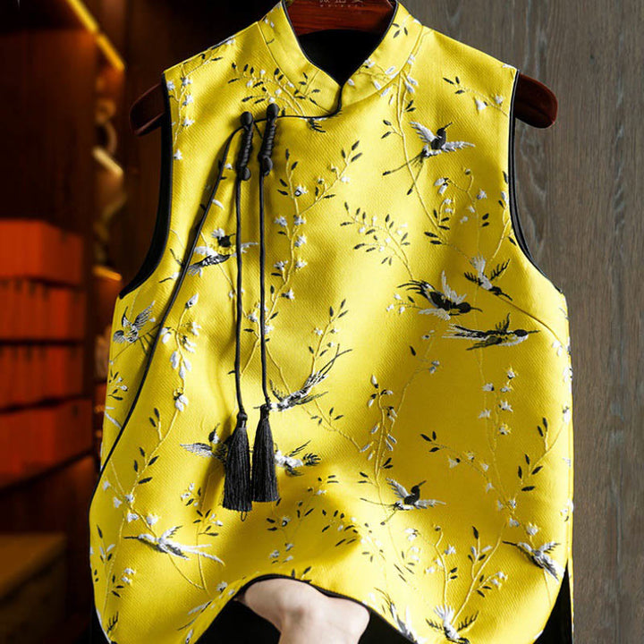 Gilet à boutons avec nœud et motif grue et plantes brodées vintage avec Buddha Stones - Jaune - US12，UK/AU16，EU44 (3XL) - image 0